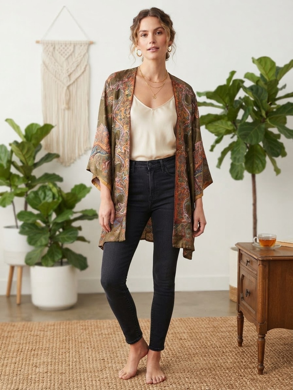Raj Olive Paisley Kimono with Cream Cami